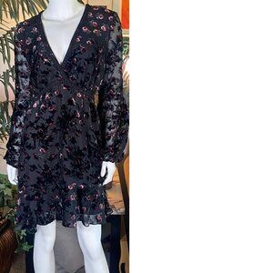 Wayf Brayden Velvet Embroidered Ruffle hem long sleeve dress - Black floral - XS